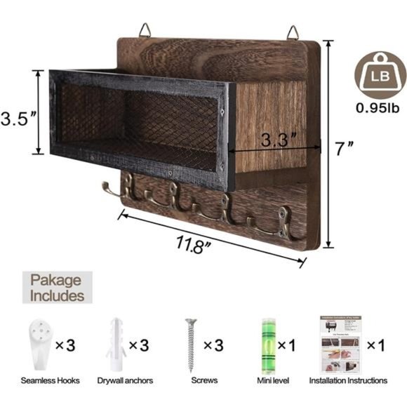 Mail and Key Holder for Wall Decorative, Wooden Wall Key Rack Organizer - Picture 6 of 8